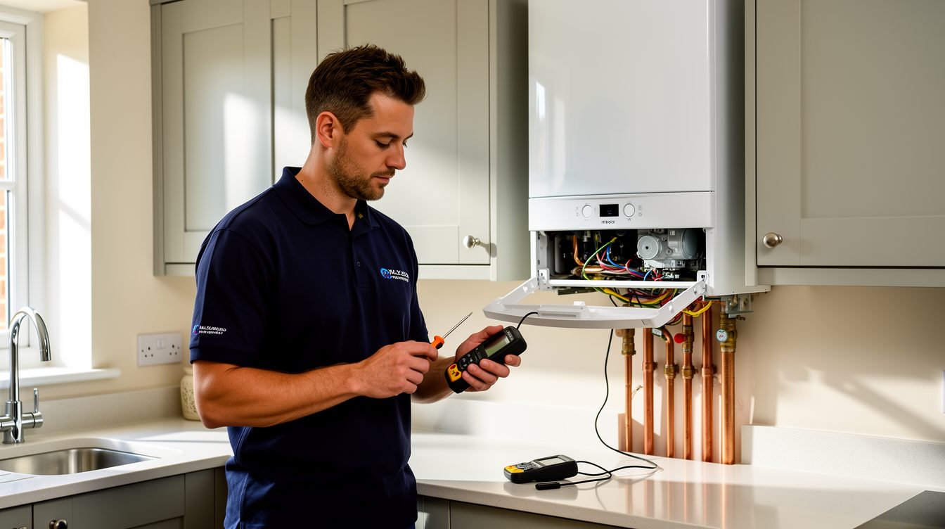 Gas Safe heating engineer servicing a boiler in a kitchen